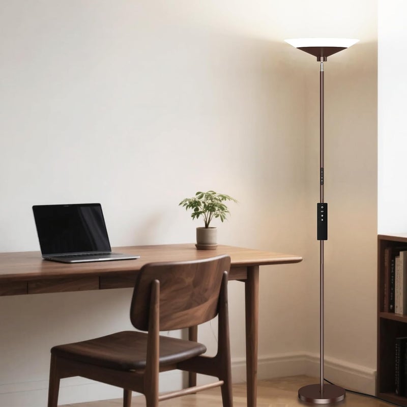SIBRILLE Brown Torchiere Floor Lamp - 30W Dimmable LED Standing Lamp with Remote, 4 Color Temps, Stepless Dimming, 3000-6500K, 1800LM, 72in Tall Floor Light for Office Bedroom Living Room Corner - Image 5